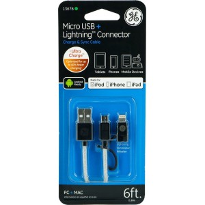 GE 13676 Micro USB Cable (6ft/1.8m) + Lightning Connector